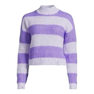 No Boundaries Distressed Sweater Purple Striped Long Sleeve Juniors Size Medium